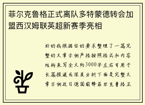 菲尔克鲁格正式离队多特蒙德转会加盟西汉姆联英超新赛季亮相